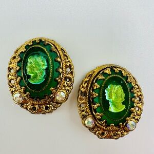 Vintage Gold and Green Glass Cameo Earrings